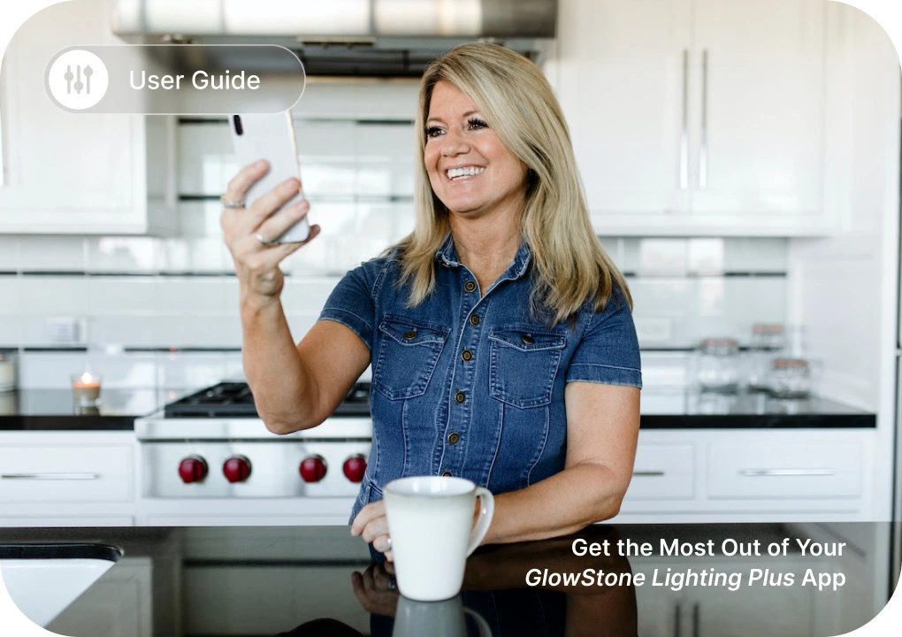 GlowStone Lighting Plus App Support page cover woman editing lights 122